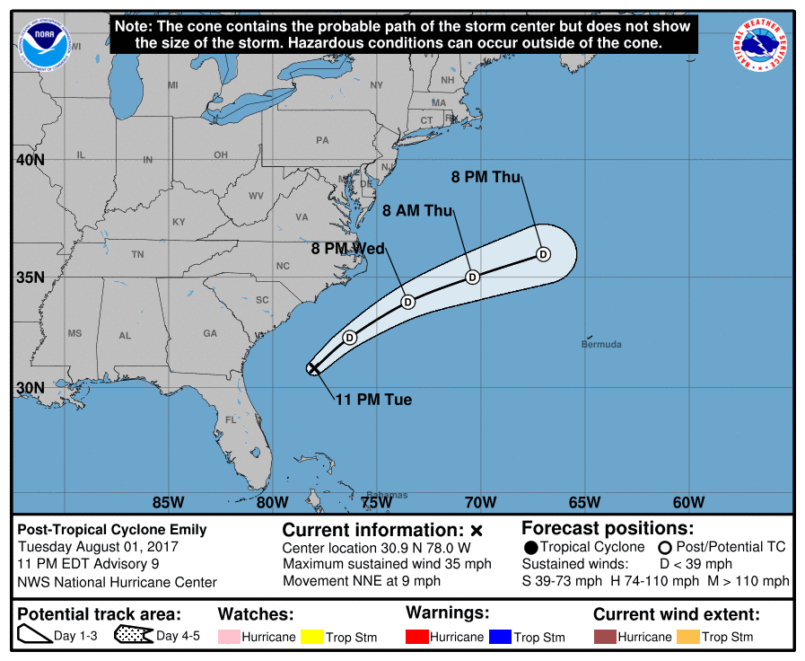 Tropical storm Emily forms next to Florida, rainfall the main threat
