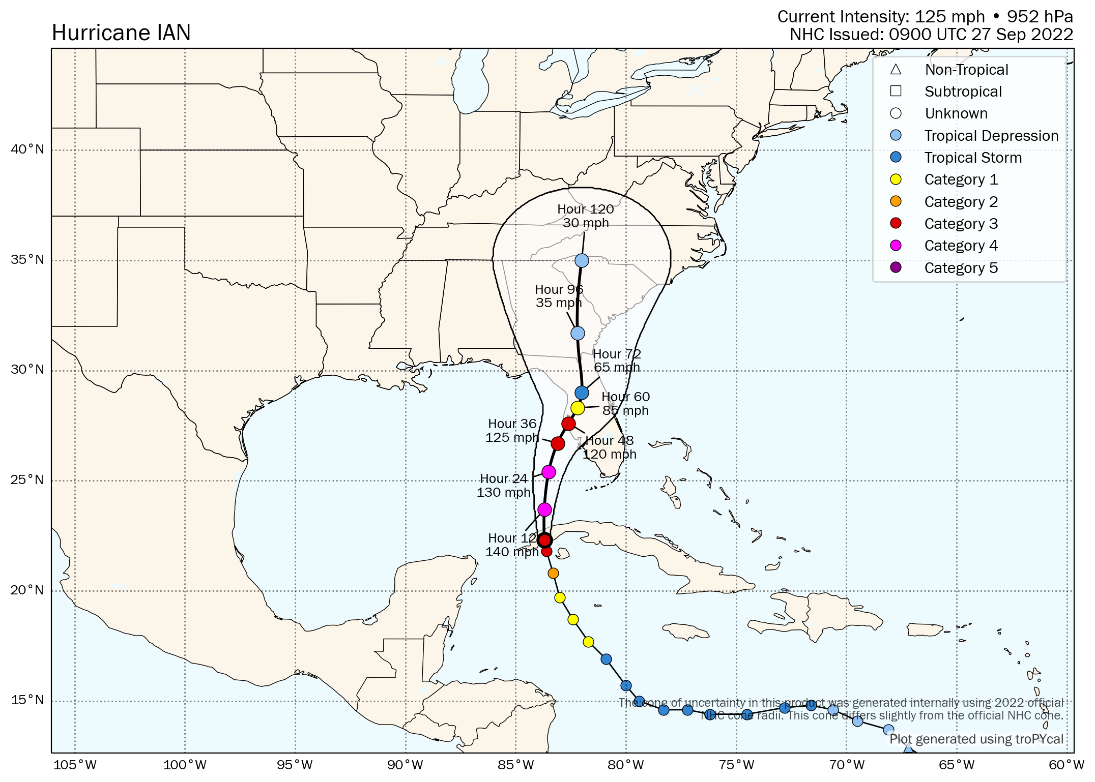 Hurricane Ian forecast map with wind speeds