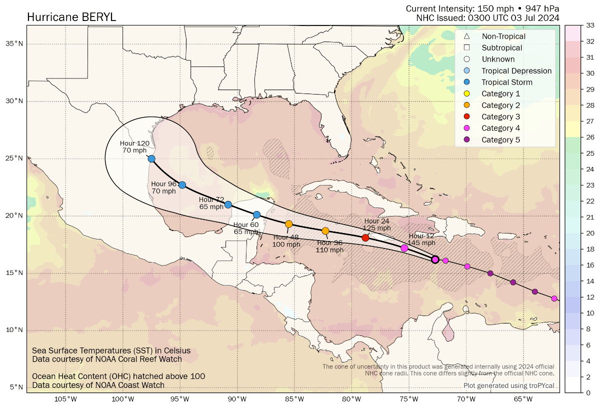 Hurricane Beryl tracking map and path